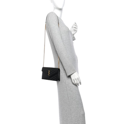 Saint Laurent Grain De Poudre Matelasse Chevron Monogram Envelope Chain Wallet Black 2 of 9
