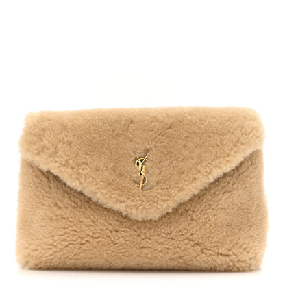 Saint Laurent Shearling Quilted Monogram Loulou Puffer Pouch Clutch Natural Beige Brick 1 of 11