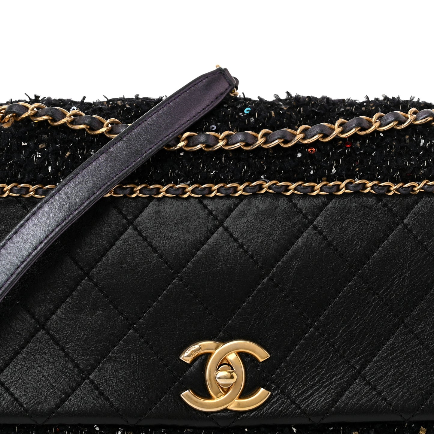Lambskin Quilted Tweed Sequin Medium Chain Flap Bag Black Multicolor
