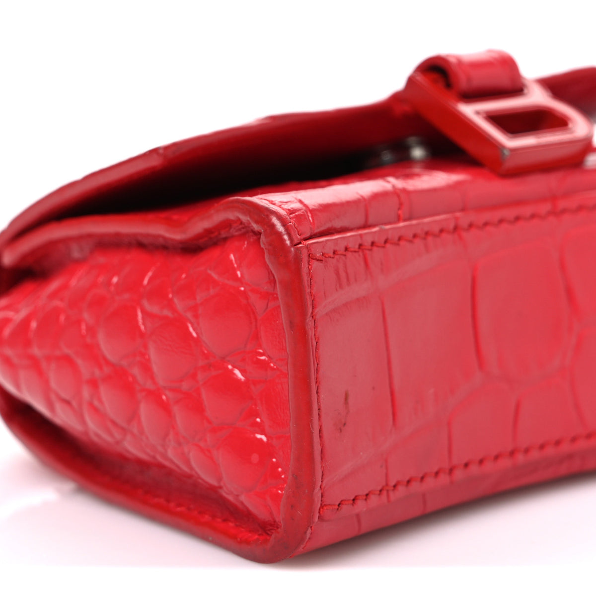 Balenciaga Shiny Calfskin Tonal B Crocodile Embossed Hourglass Top Handle Bag Mini Bright Red 10 of 11