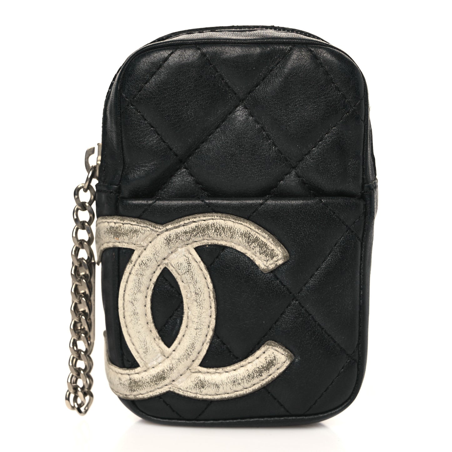 Calfskin Quilted Cambon Zip Around Cosmetic Pouch Black