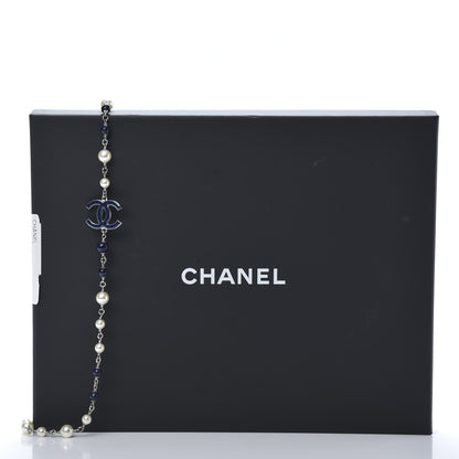 Chanel Pearl Bead Enamel CC Long Necklace Silver Blue 5 of 5