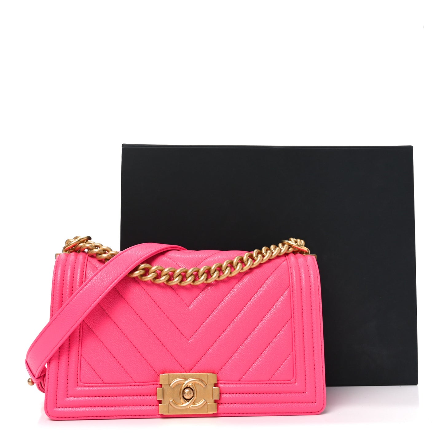 Caviar Chevron Quilted Medium Boy Flap Fuchsia