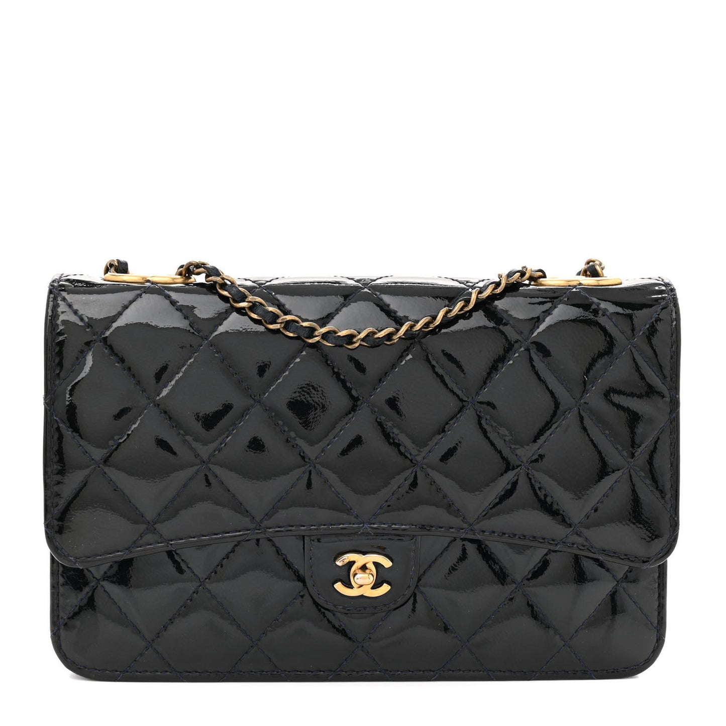 Patent Goatskin Quilted CC Eyelet Wallet On Chain WOC Blue