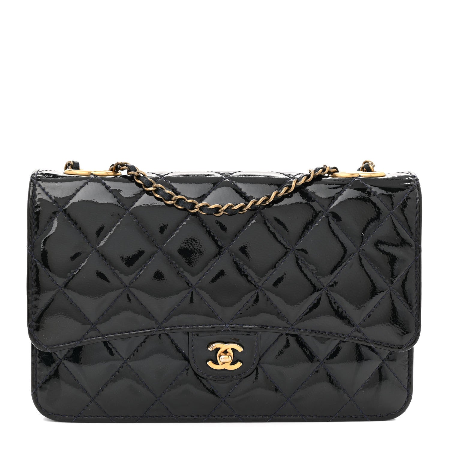 Chanel Patent Goatskin Quilted CC Eyelet Wallet On Chain WOC Blue 1 of 11