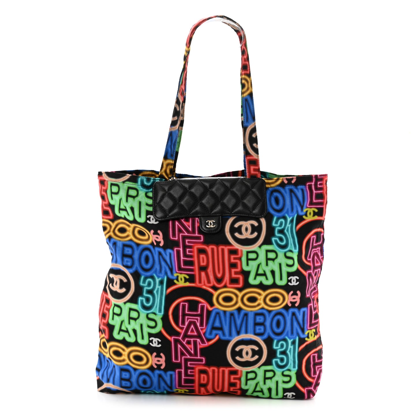 Caviar Fabric Graffiti Foldable Tote Bag With Chain Black Multicolor