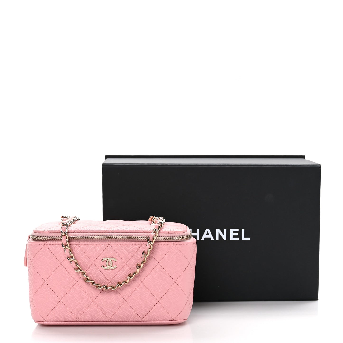 Caviar Quilted Small Vanity Case With Chain Pink