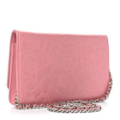 Chanel Lambskin Camellia Embossed Wallet On Chain WOC Pink 3 of 12