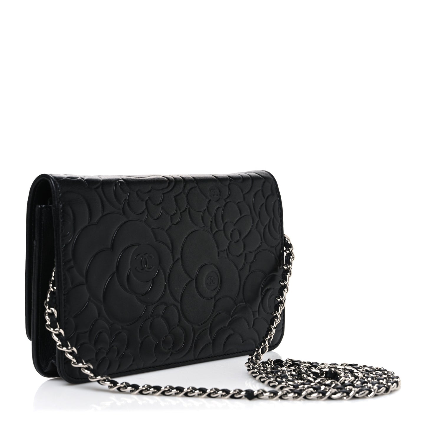 Lambskin Camellia Embossed Wallet On Chain WOC Black