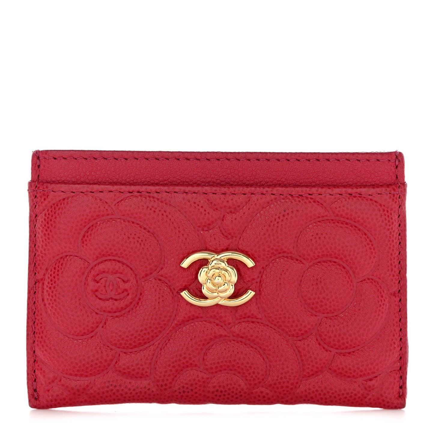Caviar Camellia Embossed Card Holder Fuchsia