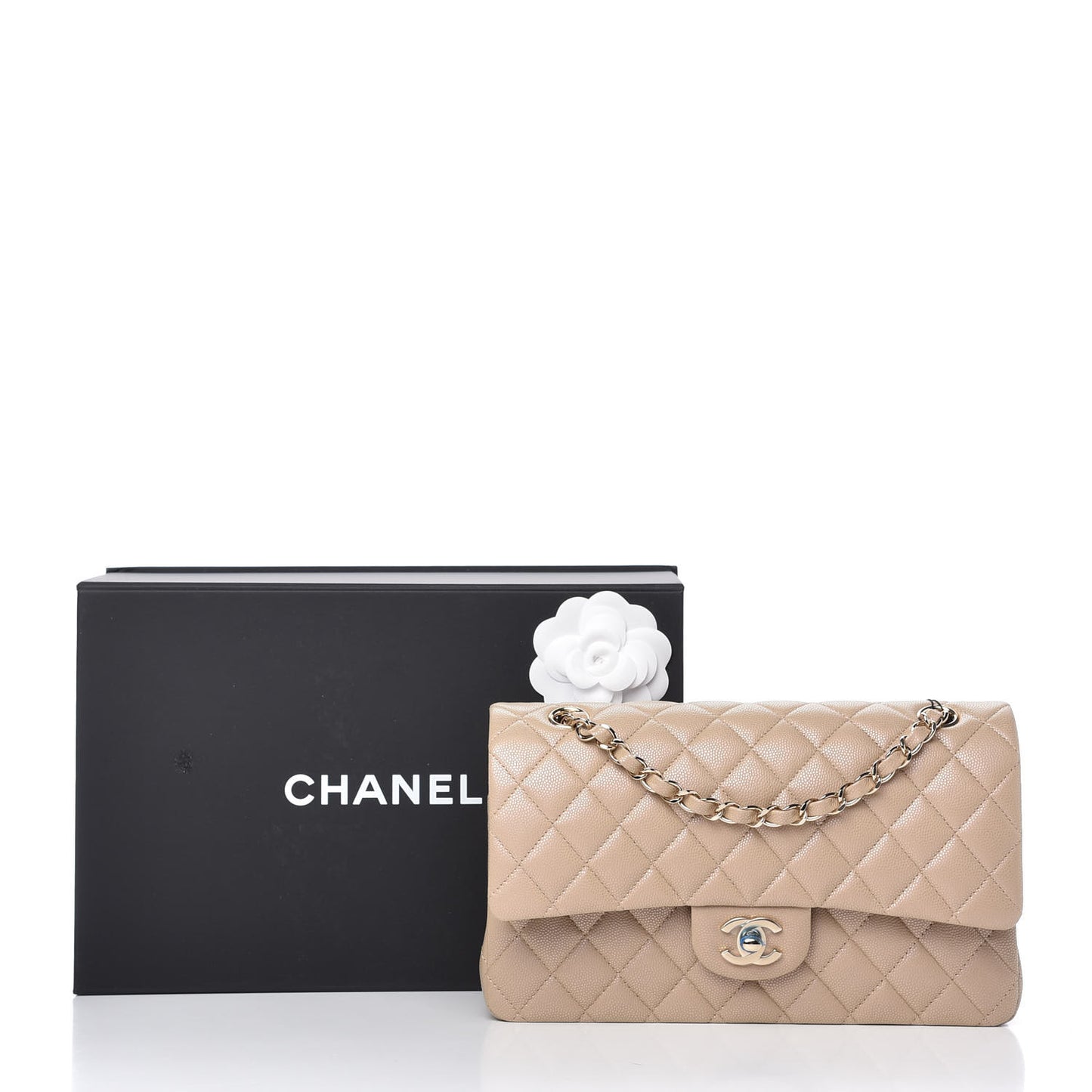 Iridescent Caviar Quilted Medium Double Flap Dark Beige