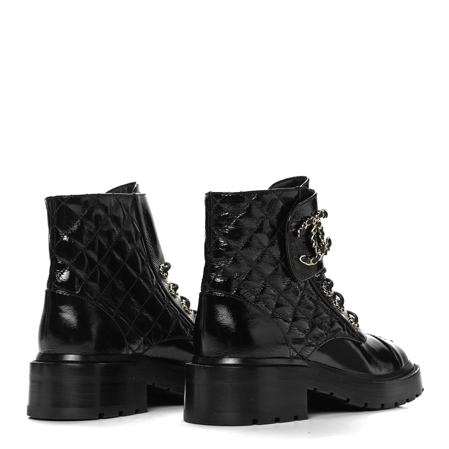 Shiny Calfskin Quilted Lace Up Combat Boots 36 Black