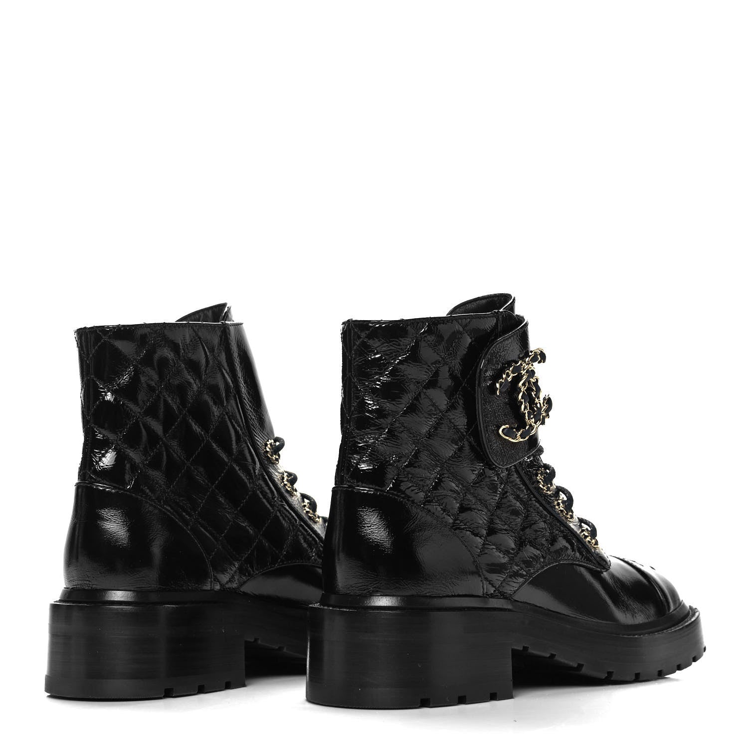 Chanel Shiny Calfskin Quilted Lace Up Combat Boots 36 Black 4 of 8