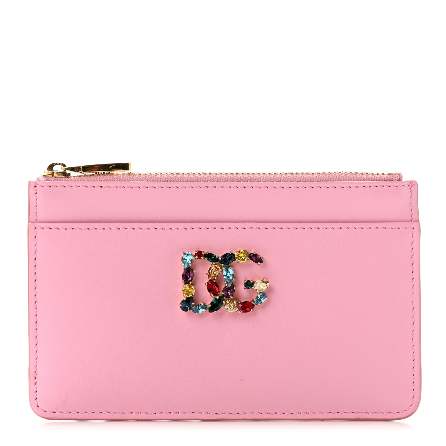 Dolce & Gabbana Calfskin Embellished Logo Zip Card Holder Pink 1 of 6