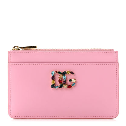 Dolce & Gabbana Calfskin Embellished Logo Zip Card Holder Pink 1 of 6