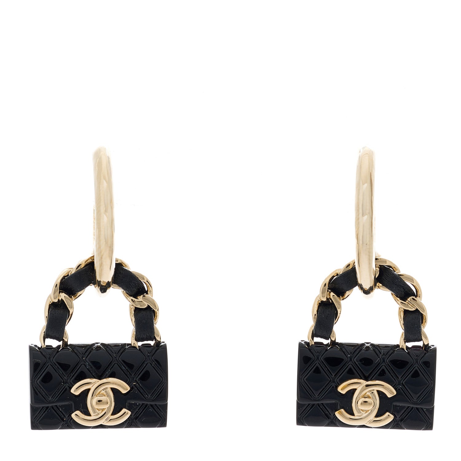 Chanel Metal Resin Lambskin Quilted CC Turnlock Chain Flap Bag Hoop Earrings Black Gold 1 of 5