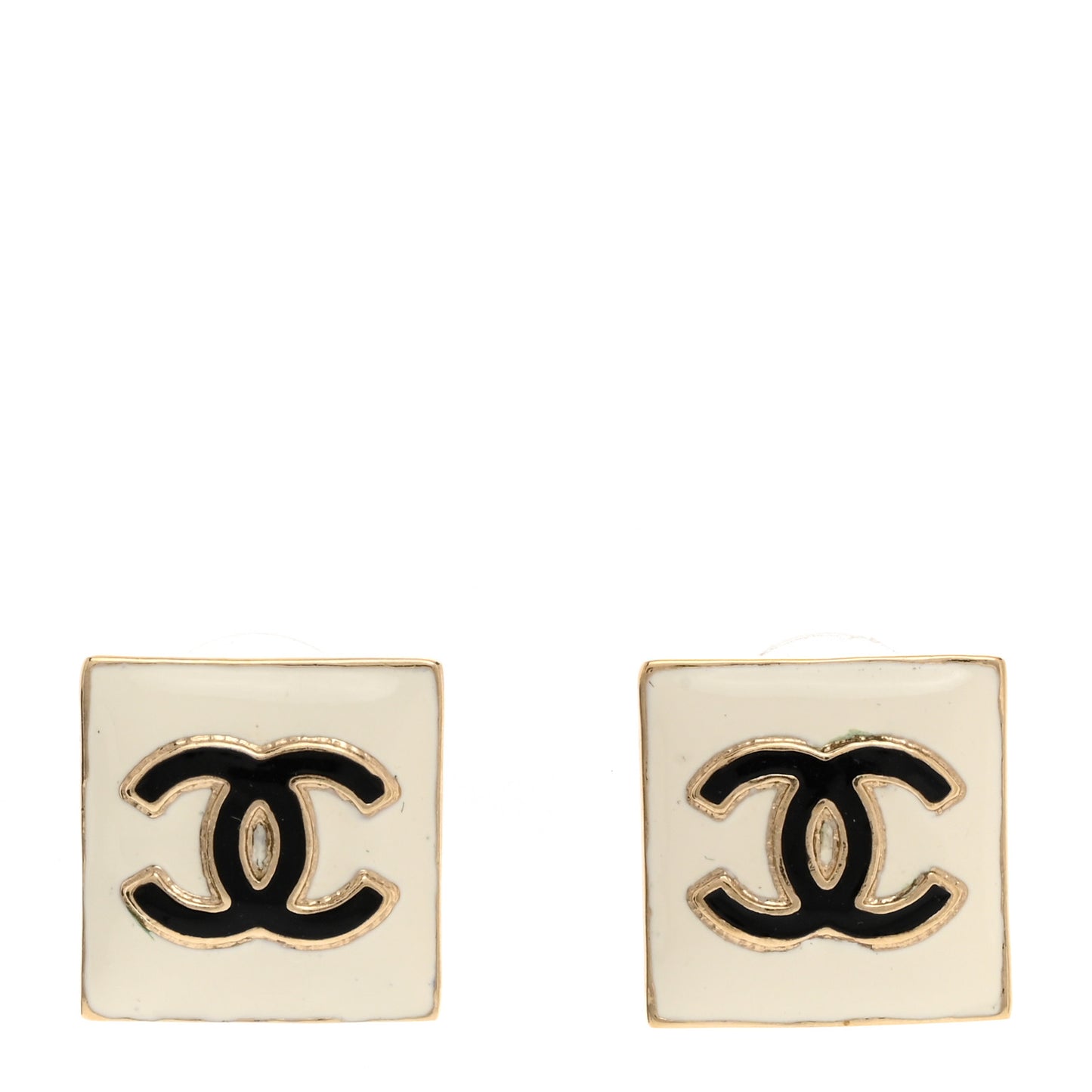 Metal Enamel CC Square Earrings Gold White Black