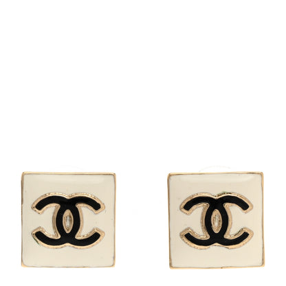 Chanel Metal Enamel CC Square Earrings Gold White Black 1 of 5