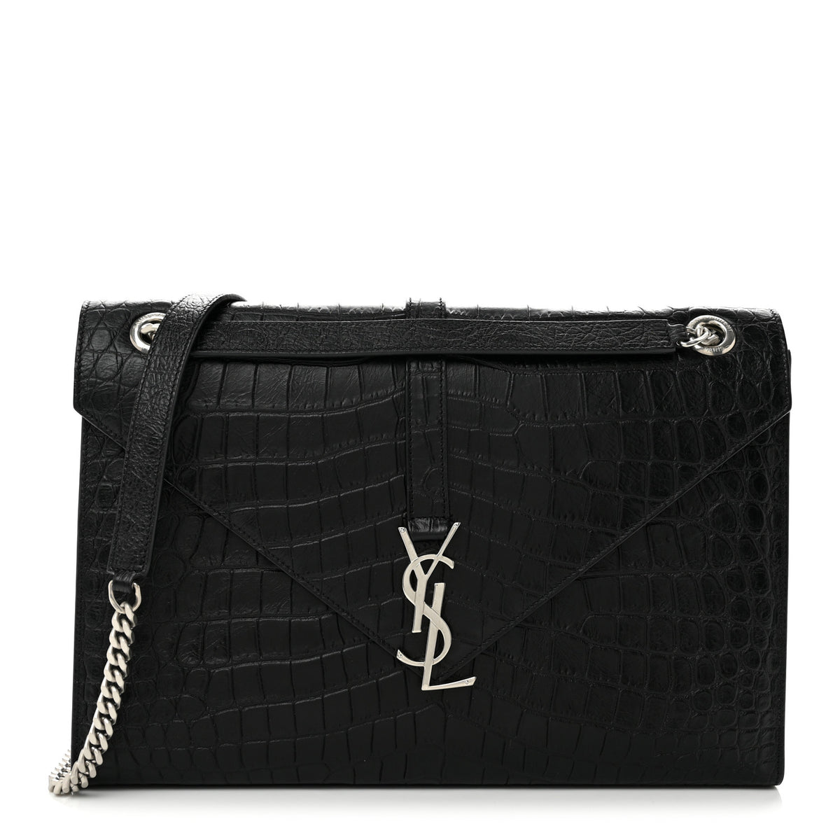 Calfskin Crocodile Embossed Large Monogram Envelope Chain Shoulder Bag Black