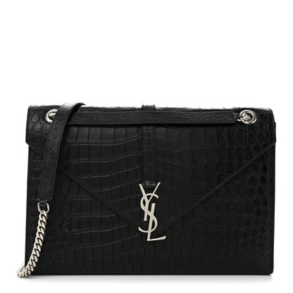 Saint Laurent Calfskin Crocodile Embossed Large Monogram Envelope Chain Shoulder Bag Black 1 of 12