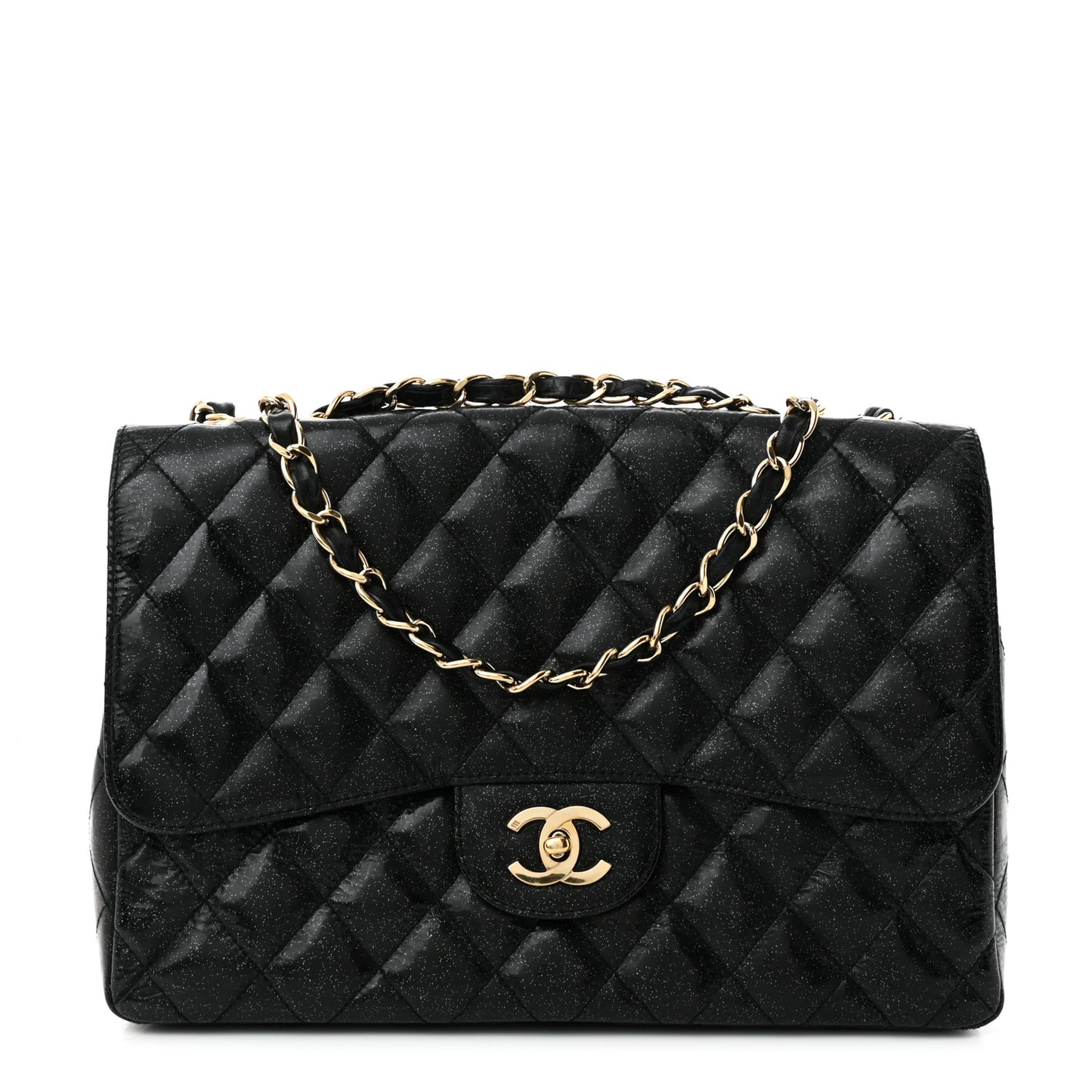 Patent Quilted Sparkle Glitter Jumbo Single Flap Black