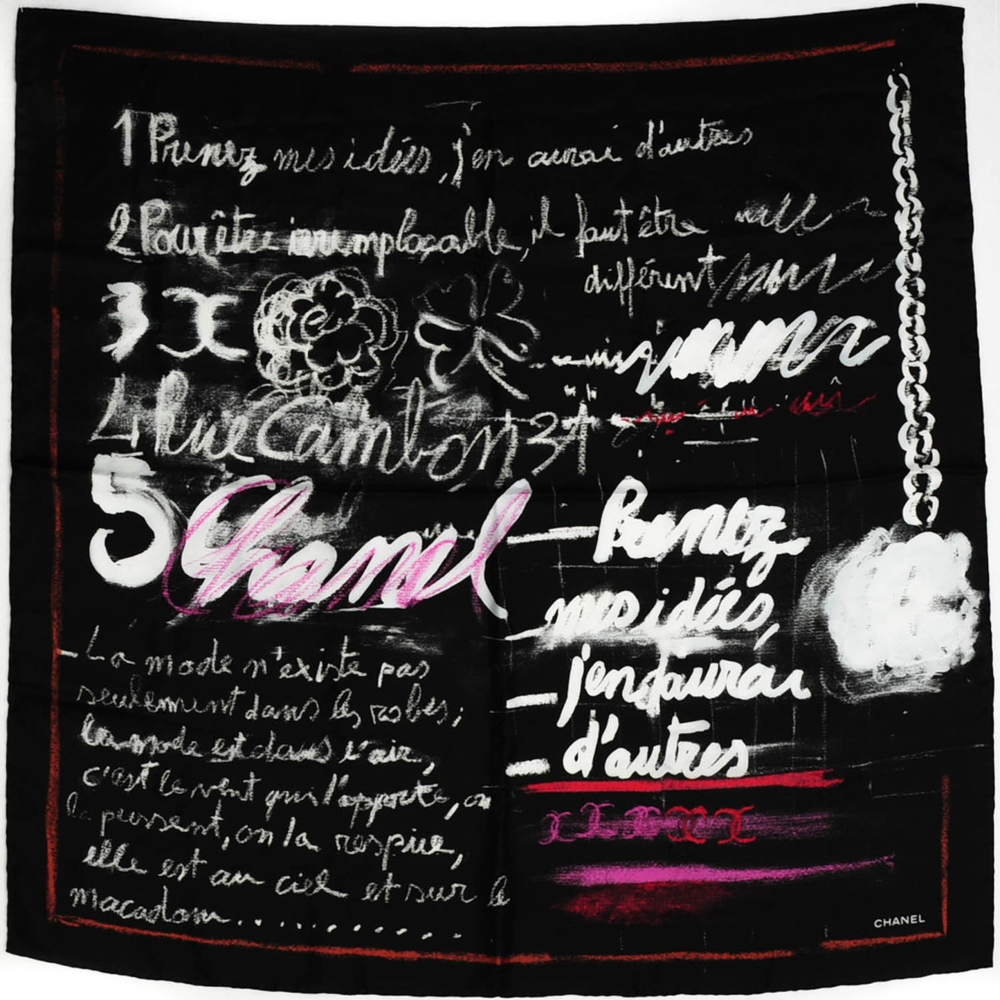 Silk Twill Chalk Print CC Square Scarf Black