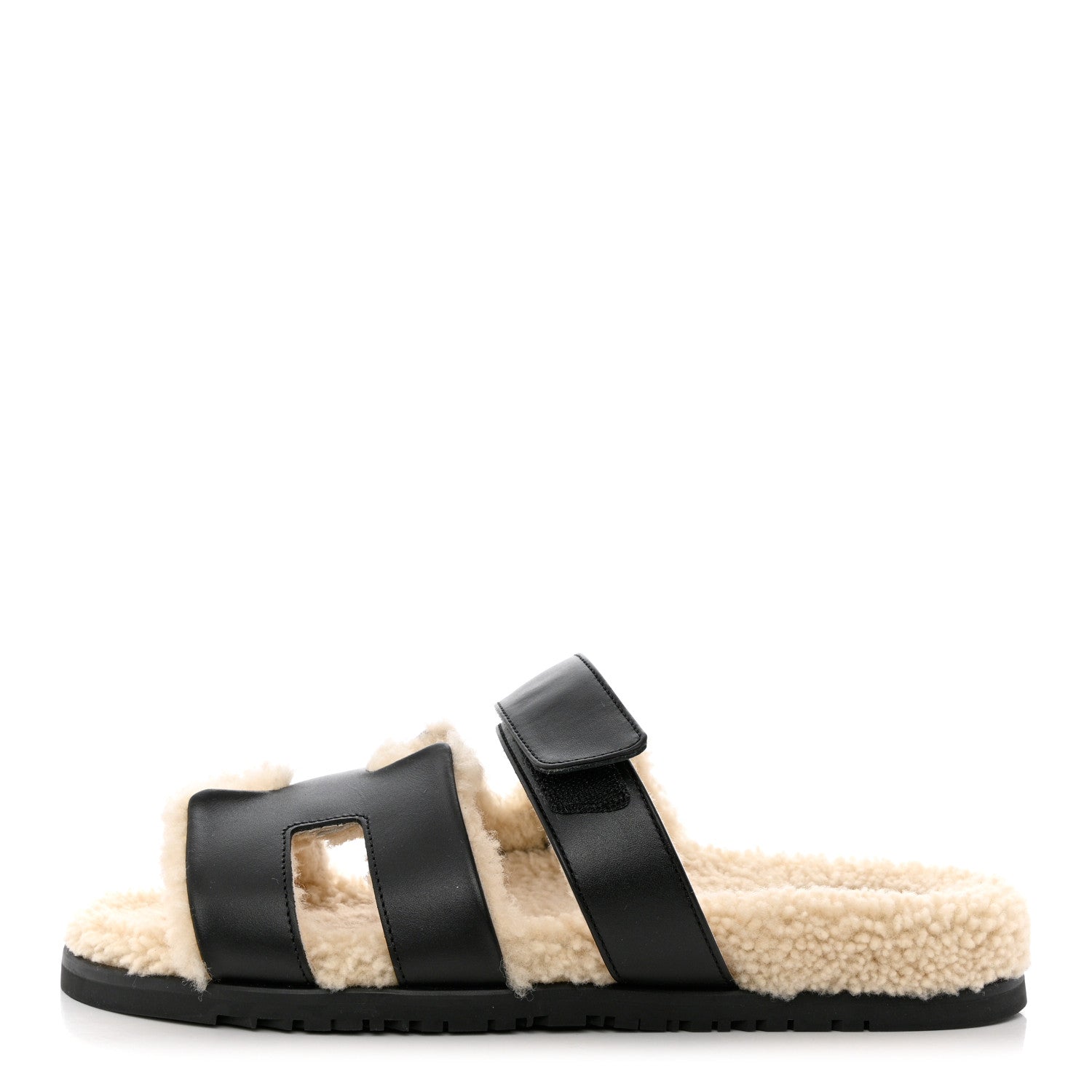 Hermes Calfskin Woolskin Womens Chypre Sandals 40 Black Ecru 1 of 11