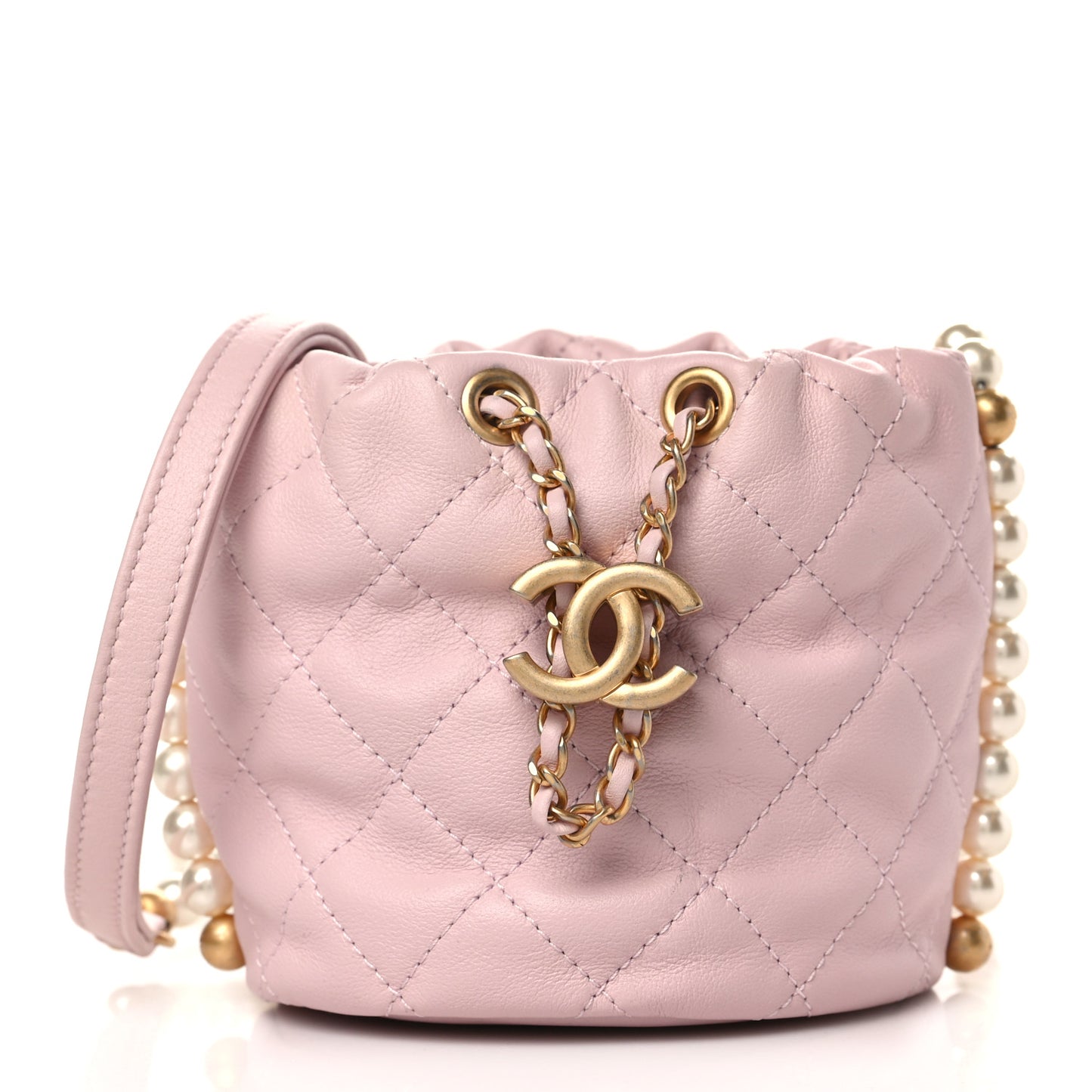 Calfskin Quilted Pearl Mini About Pearls Drawstring Bucket Light Pink