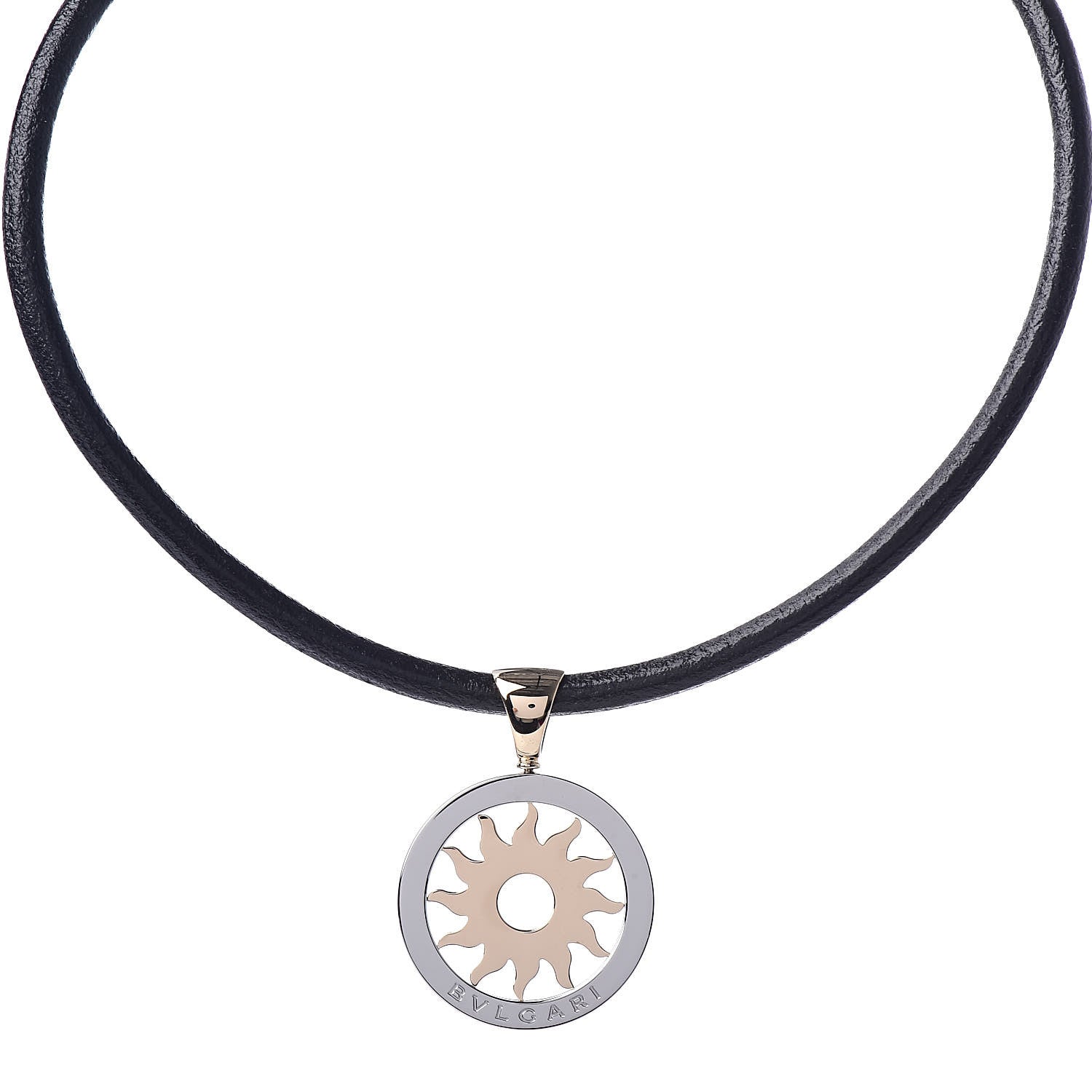 Bulgari 18K Yellow Gold Stainless Steel Calfskin Tondo Sun Pendant Necklace Black 1 of 6