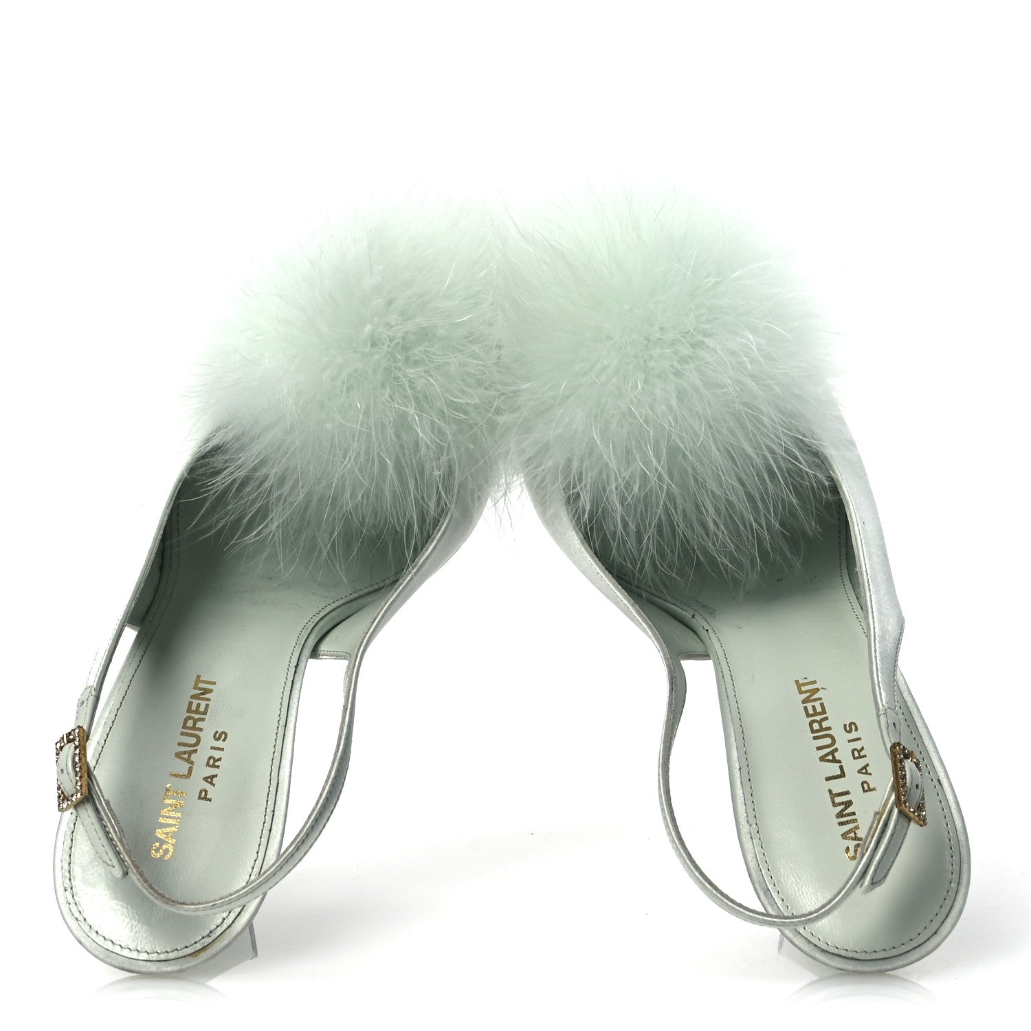 Saint Laurent Crepe Satin Blanco Feathered Sandals 39 Slight Green 2 of 15