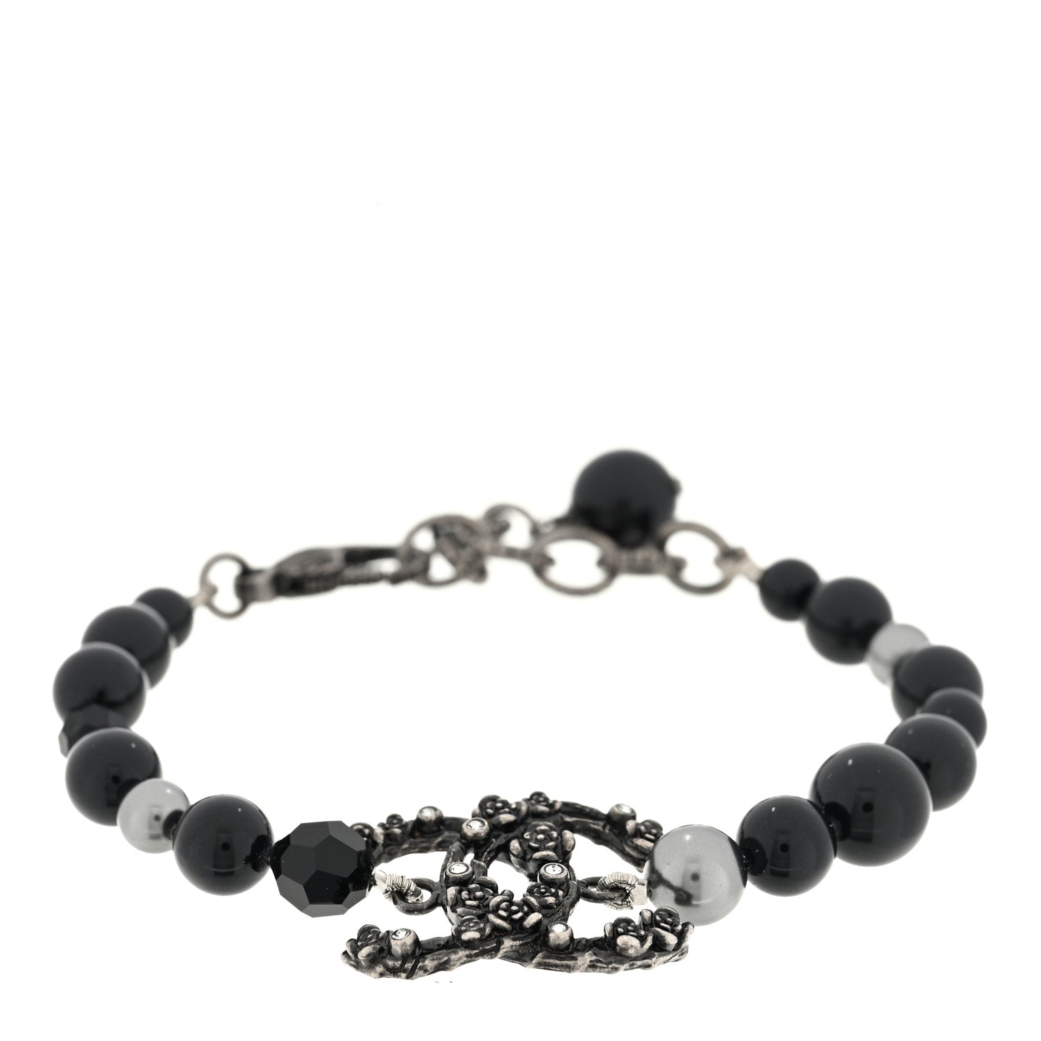 Chanel Pearl Crystal CC Camellia Bracelet Ruthenium Black 1 of 3