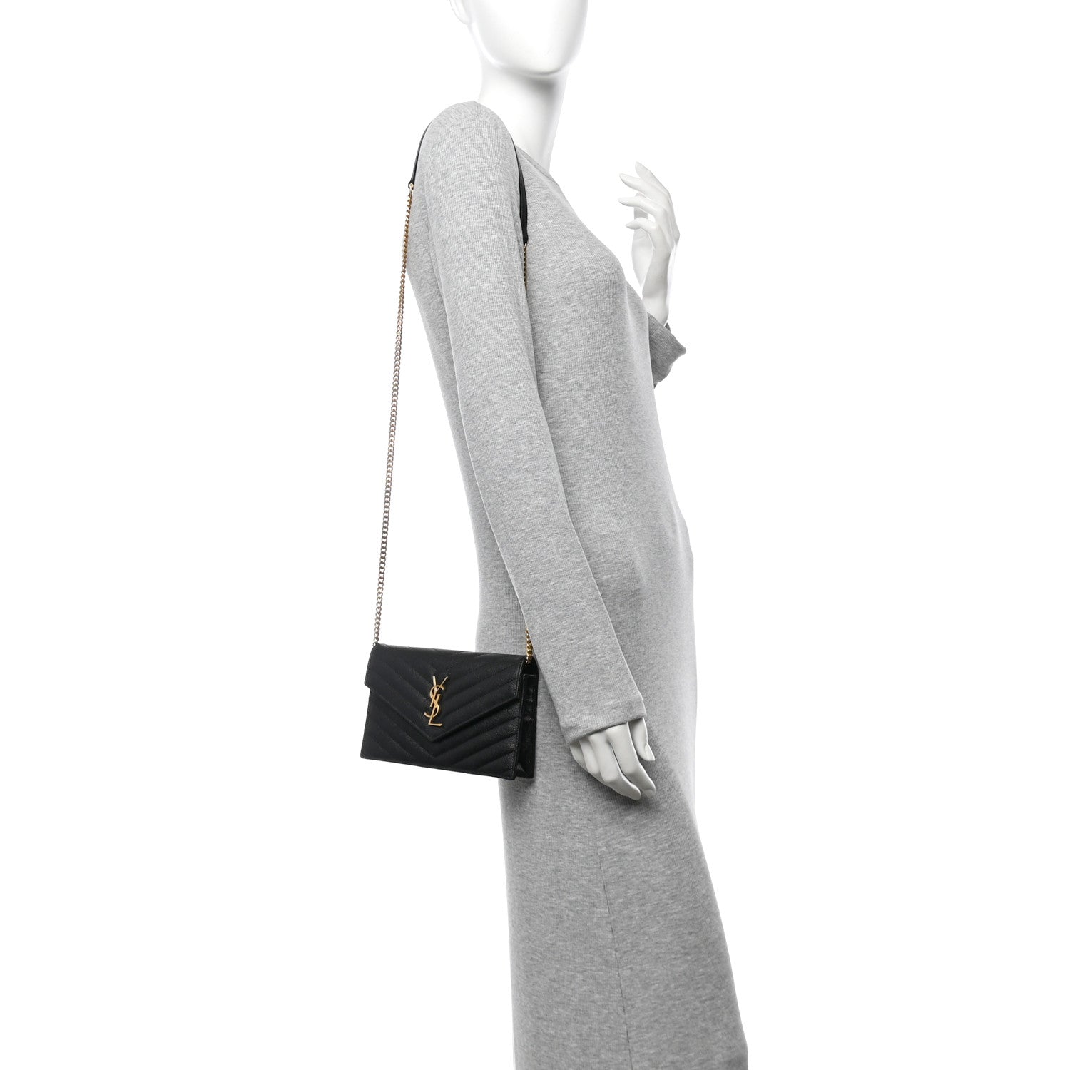 Saint Laurent Grain De Poudre Matelasse Chevron Monogram Envelope Chain Wallet Black 2 of 9