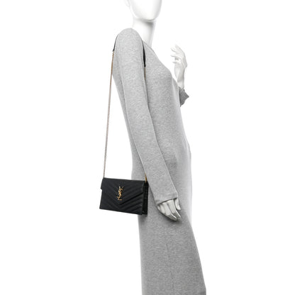 Saint Laurent Grain De Poudre Matelasse Chevron Monogram Envelope Chain Wallet Black 2 of 9