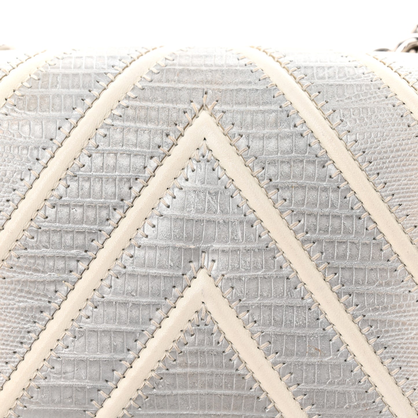 Lizard Chevron Stitched Small Boy Flap White Silver