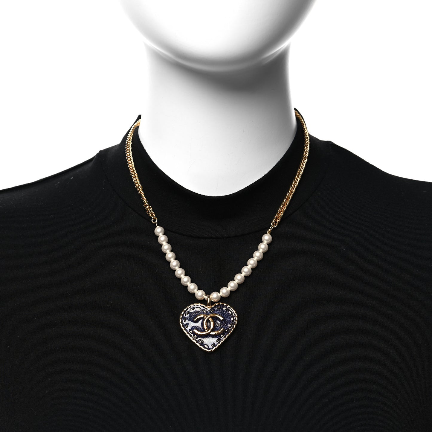 Metal Denim CC Heart Choker Gold Blue Pearly White