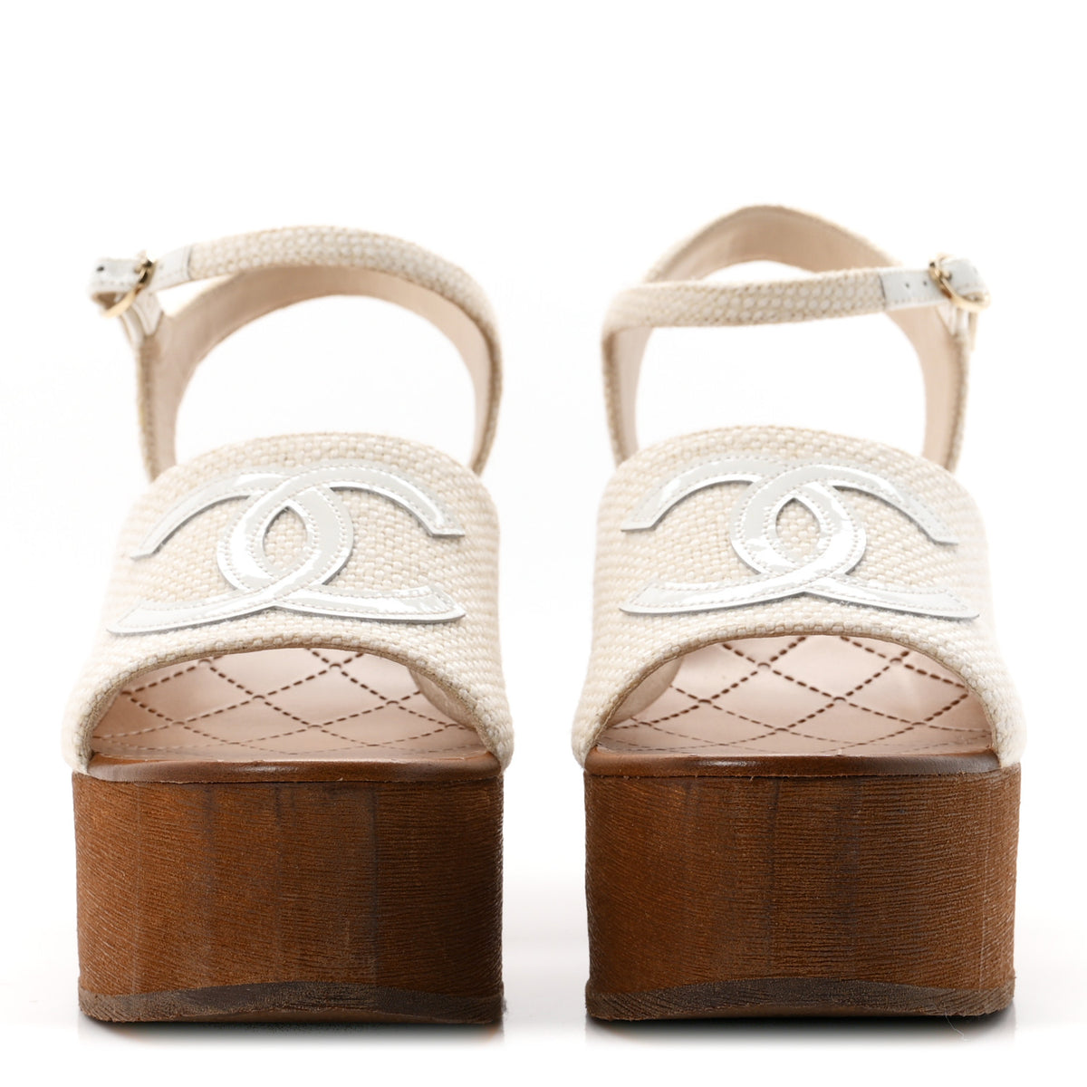 Fabric Patent Calfskin Platform Wedge Sandals 38 Ivory White