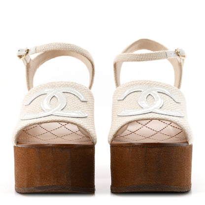 Chanel Fabric Patent Calfskin Platform Wedge Sandals 38 Ivory White 3 of 10