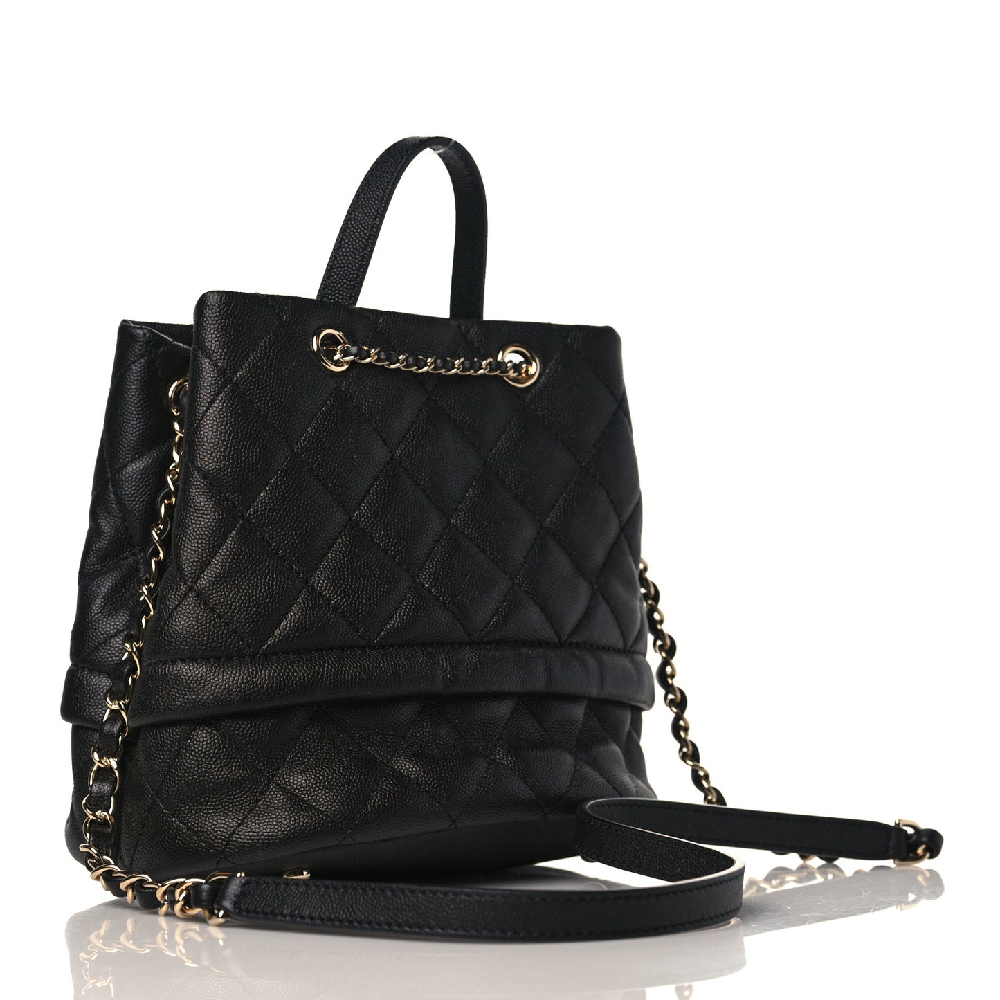 Caviar Quilted Rolled Up Bucket Drawstring Bag Black