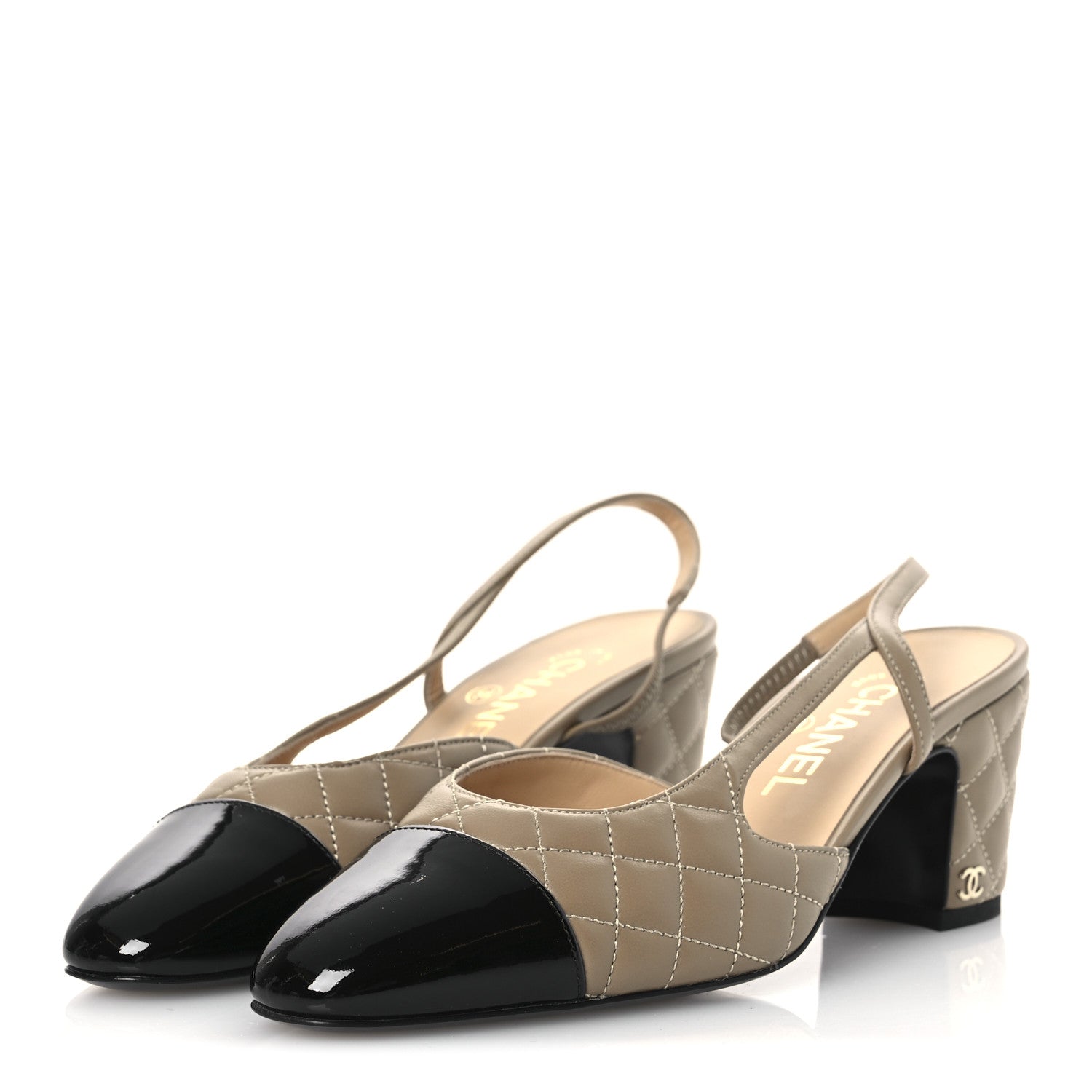 Chanel Lambskin Patent Calfskin Quilted Cap Toe CC Slingback Pumps 37.5 Beige Black 12 of 36