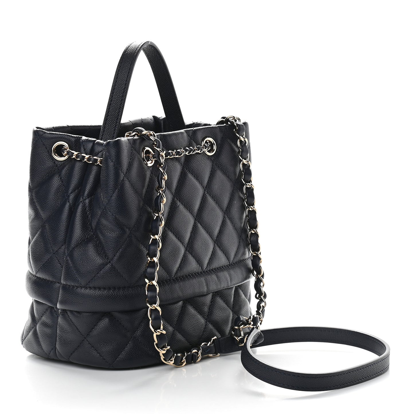 Caviar Quilted Rolled Up Bucket Drawstring Bag Navy