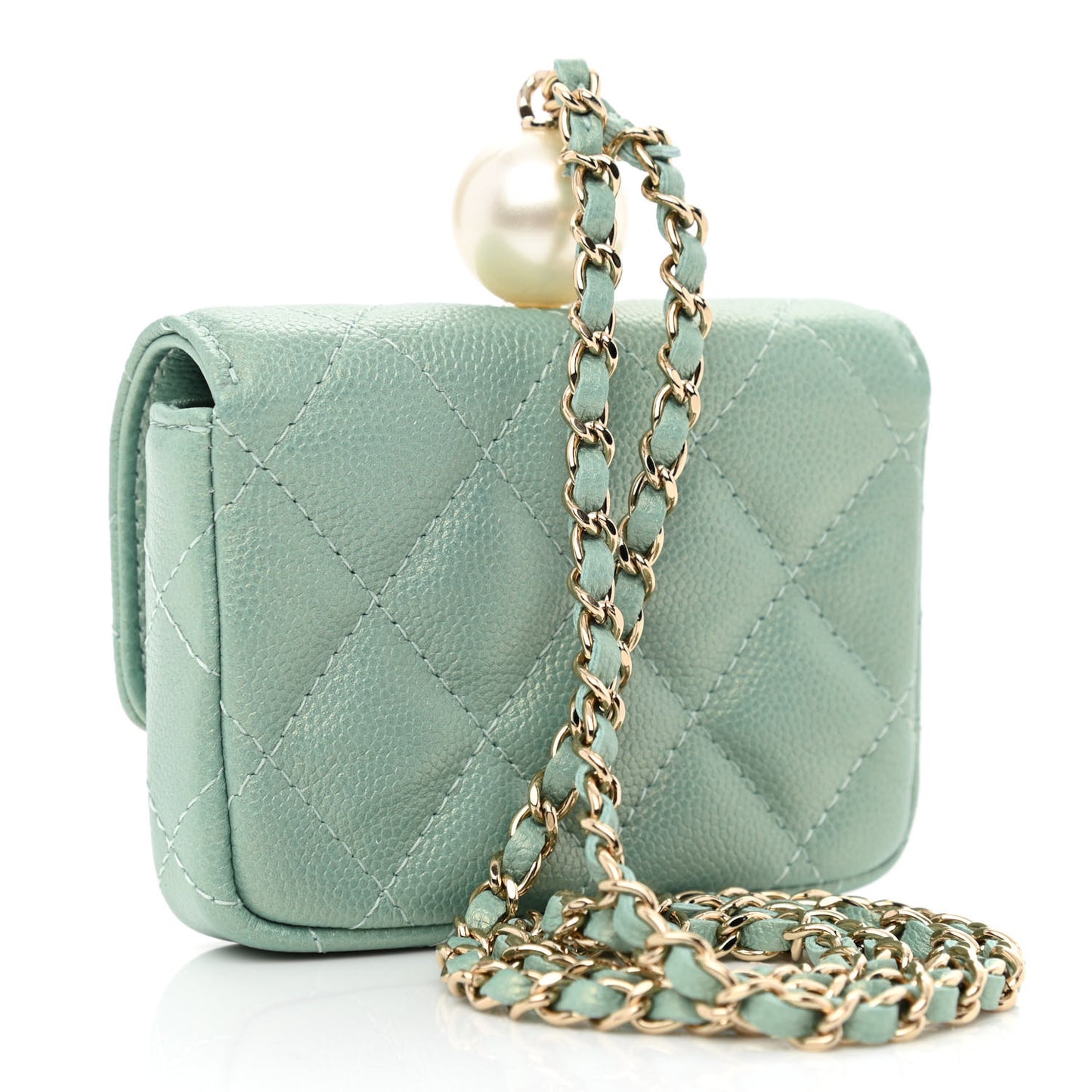 Iridescent Caviar Quilted Pearl Card Holder On Chain Green