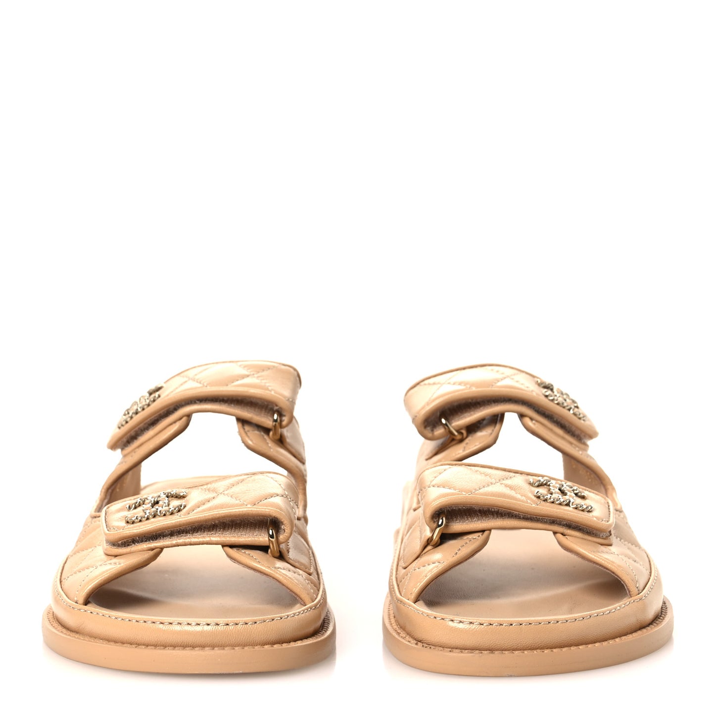 Lambskin Quilted Velcro Dad Chain CC Slide Sandals 37 Beige
