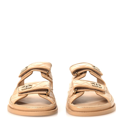 Chanel Lambskin Quilted Velcro Dad Chain CC Slide Sandals 37 Beige 3 of 11