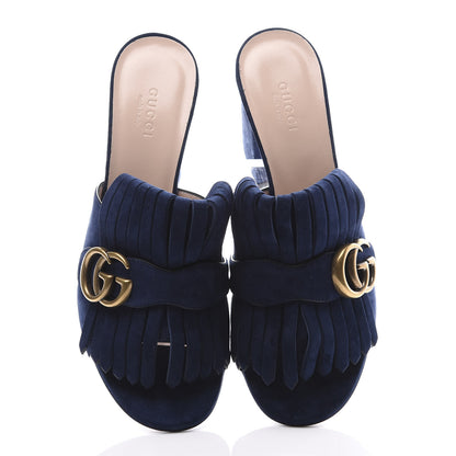 Gucci Kid Scamosciato GG Marmont Fringe 75mm Slide Sandals 38 Blue Ink 5 of 10