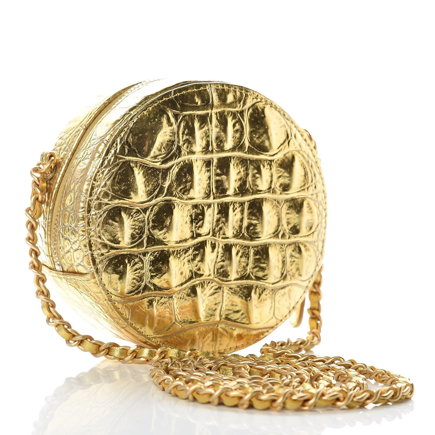 Chanel Metallic Calfskin Crocodile Embossed Cocodile Round Clutch with Chain Gold 3 of 8