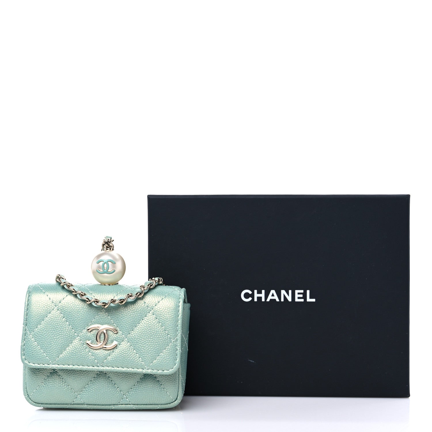 Chanel Iridescent Caviar Quilted Pearl On Top Coin Purse With Chain Light Green 11 of 11