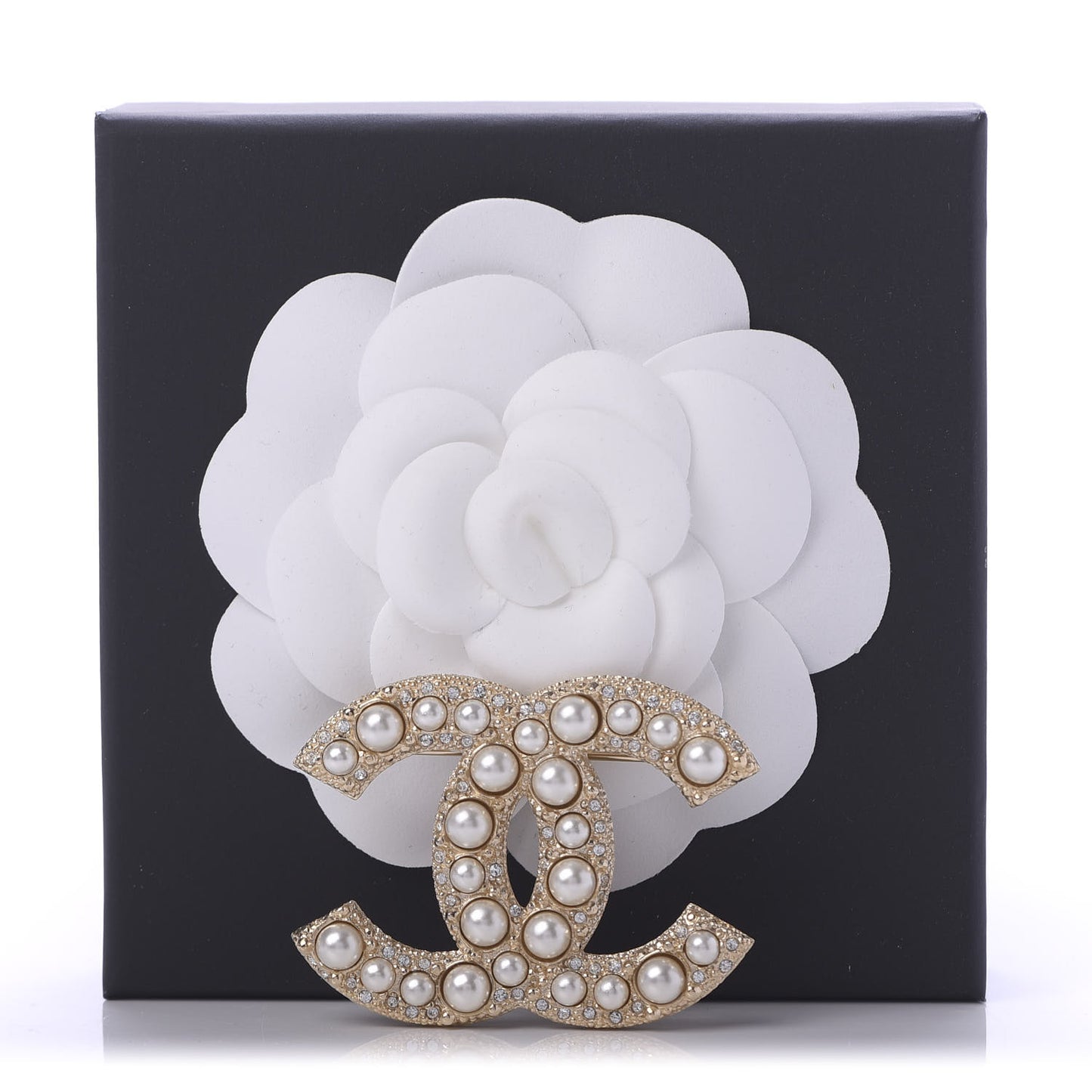 Pearl Crystal CC Brooch Gold