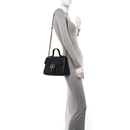 Gucci Calfskin Matelasse Small GG Marmont Top Handle Shoulder Bag Black 2 of 10