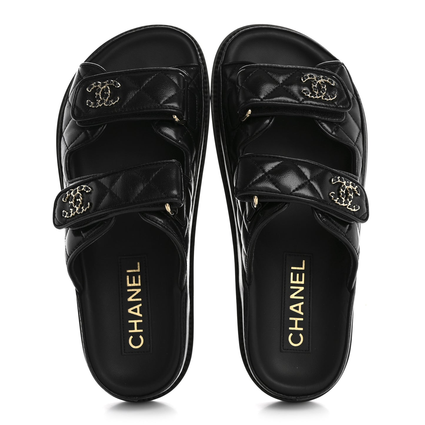 Lambskin Quilted Velcro Dad Chain CC Slide Sandals 36 Black