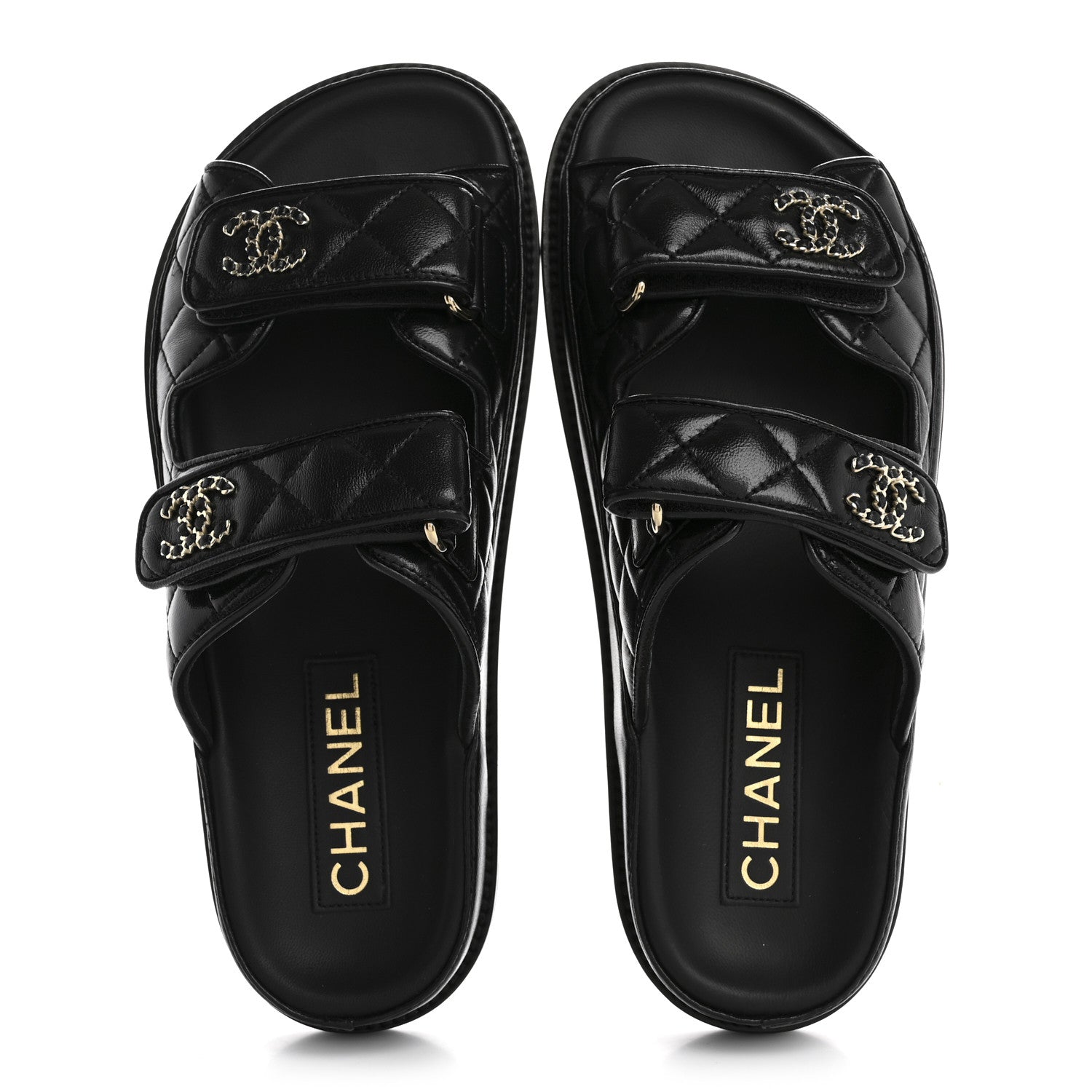 Chanel Lambskin Quilted Velcro Dad Chain CC Slide Sandals 36 Black 2 of 10